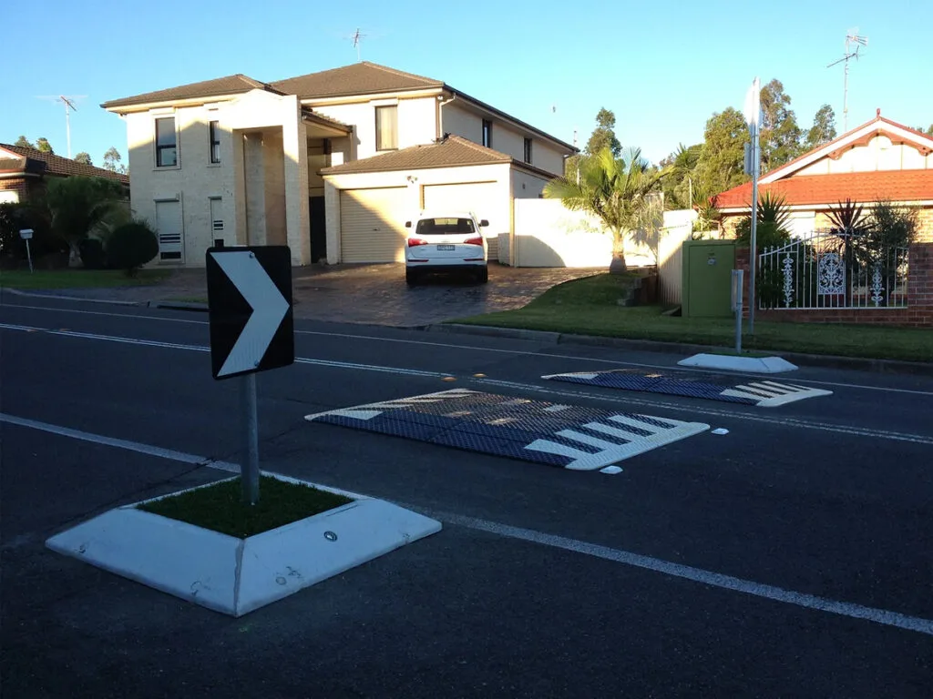 Residential street with rubber speed humps
